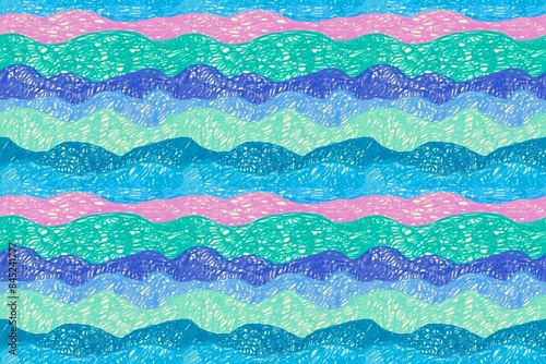 Sea seamless raster background. Doodle texture of ocean waves. Crayon drawing. Kids style illustration. Free hand drawing. Blue, green, pink, violet colors.