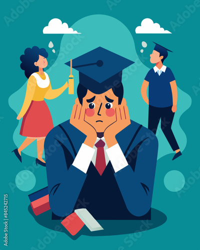 The burden of student loans loomed over recent graduates causing anxiety and fear for their financial future.. Vector illustration