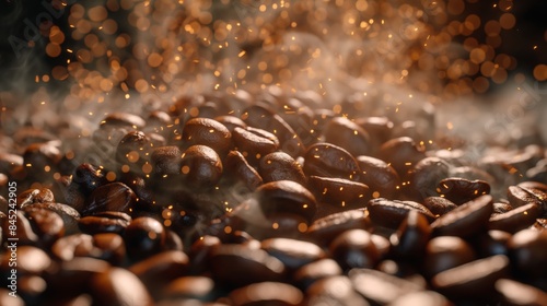 Freshly roasted coffee beans with steam and sparks.
