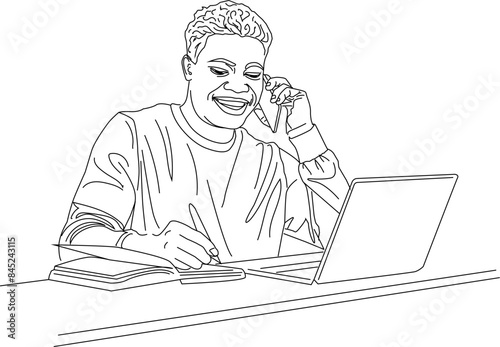 Line Drawing, Man talking on phone, laptop, writing, illustration, drawing, working in Office