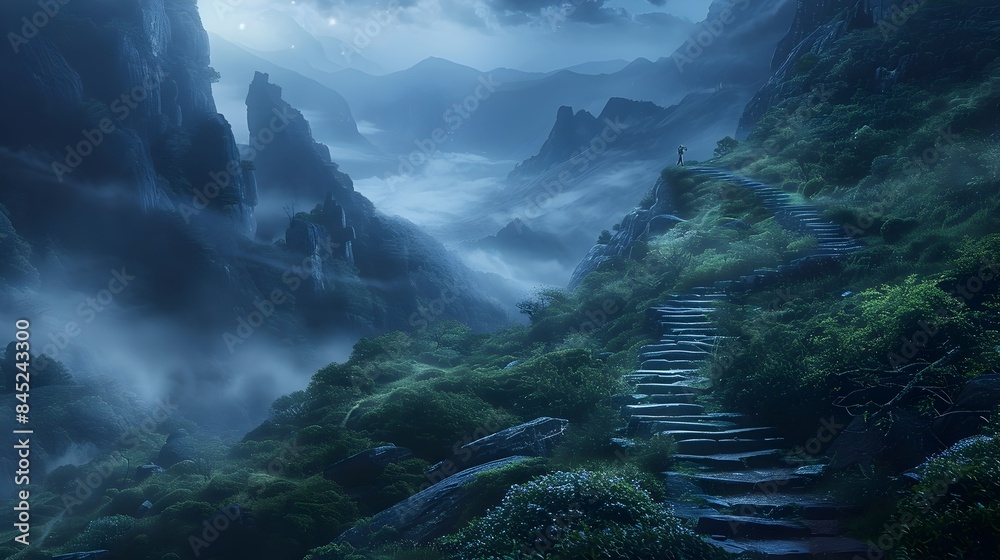 Obraz premium Mystical Mountainous Landscape with Winding Stairway Leading to Ethereal Realms of Discovery and Adventure