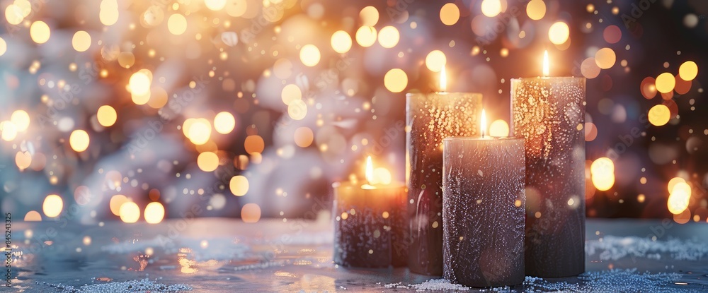 Christmas Decoration With Burning Candles On A White Table Against A Background Of Soft Lights Creates A Warm And Inviting Holiday Atmosphere
