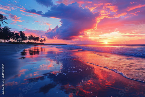 Vibrant sunset over a tropical beach with palm trees and gentle waves