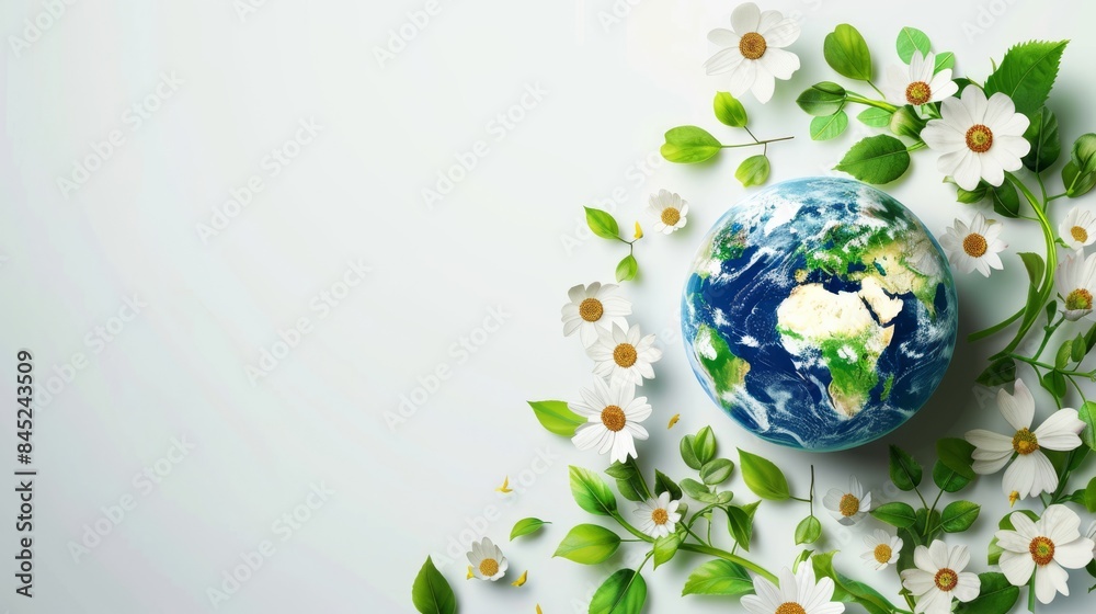 Painted Earth globe with green leaves and flowers decoration. Ecology and green energy concept Painted Earth globe with green leaves and flowers decoration. Ecology and green energy concept