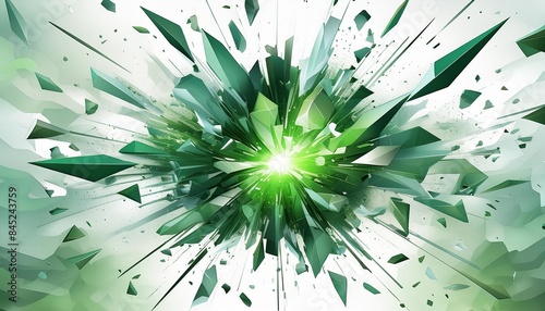 Explosion of emerald green and white shards radiating from a central point in a digital abstract design. 