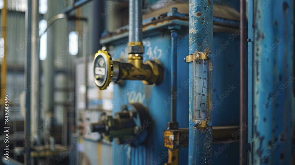 Detailed shot of a thermometer embedded in an industrial setting, focusing on the mercury level and calibration marks Detailed shot of a thermometer embedded in an industrial setting, focusing on the mercury level and calibration marks
