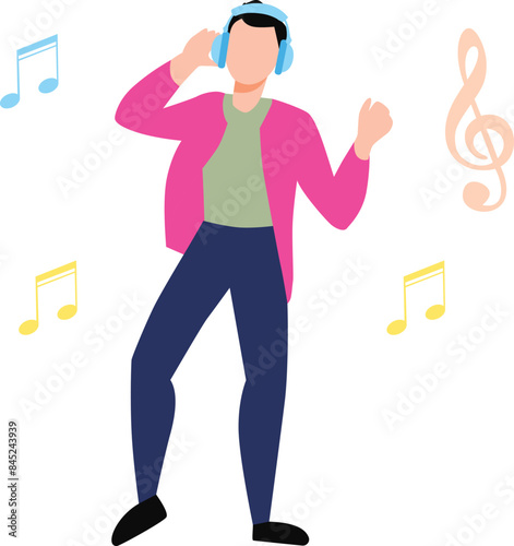 The boy is listening music with headphones.