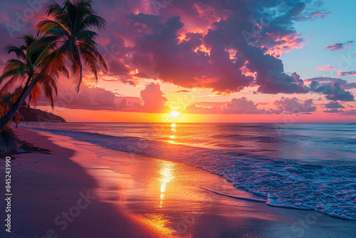 Vibrant sunset over a tropical beach with palm trees and gentle waves © Venka