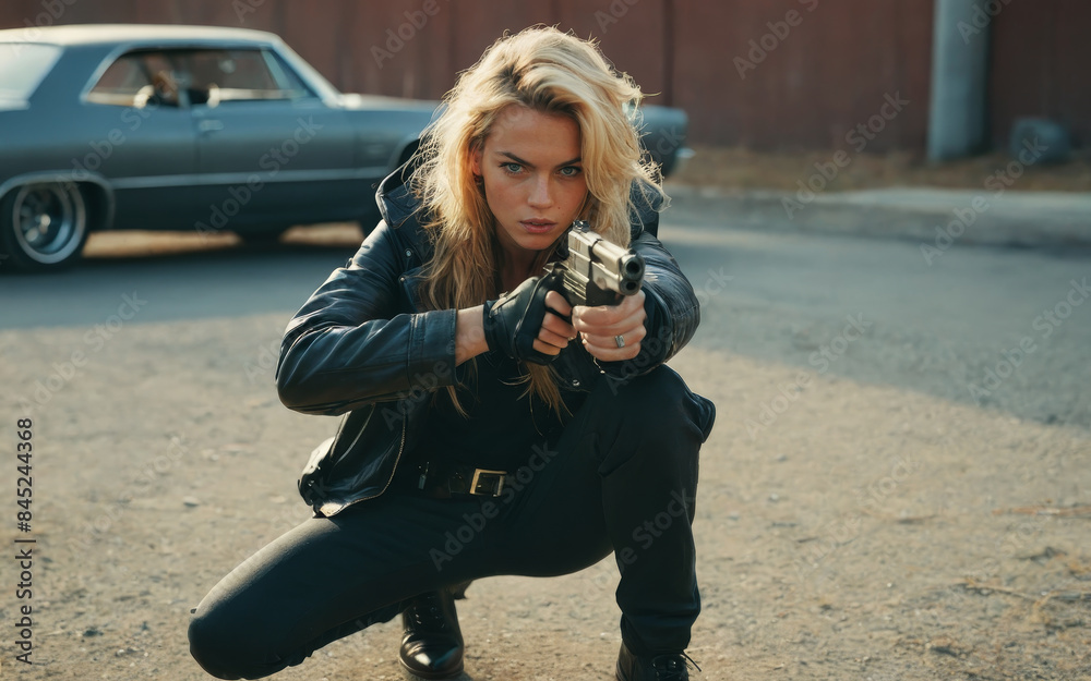 Naklejka premium Young woman in black outfit aiming gun, intense action scene on city street, dynamic pose, urban chaos backdrop, action movie
