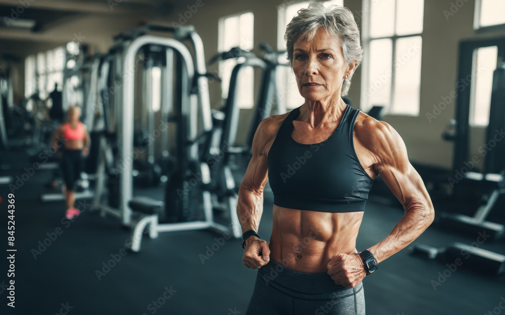 Senior woman in gym, displaying wellness, athlete in her golden years, physical conditioning at its best, embracing active lifestyle, testament to health and fitness, age no barrier for exercise Senior woman in gym, displaying wellness, athlete in her golden years, physical conditioning at its best, embracing active lifestyle, testament to health and fitness, age no barrier for exercise