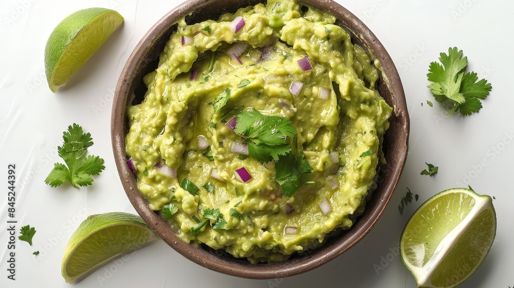 Delicious guacamole dip, top view, smooth and creamy with specks of cilantro and onions, lime wedges on the side, on a white background Delicious guacamole dip, top view, smooth and creamy with specks of cilantro and onions, lime wedges on the side, on a white background