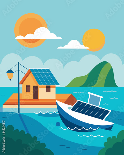 The gentle lapping of waves against a solarpowered boats hull as it docks at a small remote fishing village.. Vector illustration