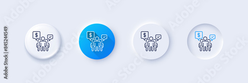 Teamwork line icon. Neumorphic, Blue gradient, 3d pin buttons. Employees chat sign. Core value symbol. Line icons. Neumorphic buttons with outline signs. Vector