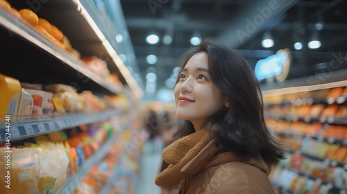 A woman smiles while looking at products in a grocery store aisle, capturing a moment of joy during her shopping trip.