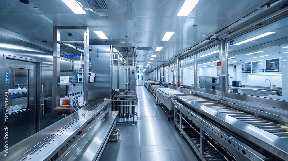 Cutting-edge factory with a robotic ranch dressing production line, spotless and safe, emphasizing high efficiency and modern technology Cutting-edge factory with a robotic ranch dressing production line, spotless and safe, emphasizing high efficiency and modern technology
