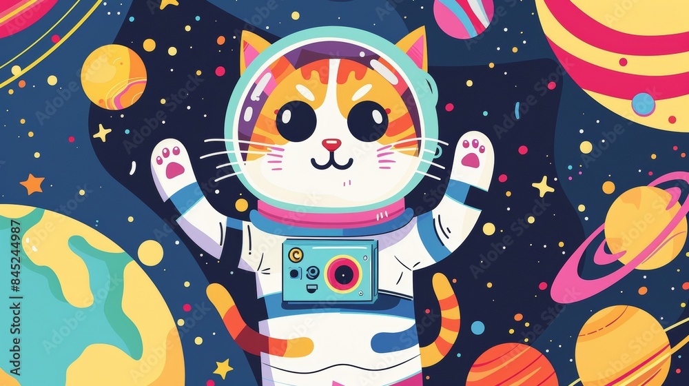 Cute cartoon cat in a spacesuit, floating among vibrant, abstract planets and stars, bold colors and playful expression Cute cartoon cat in a spacesuit, floating among vibrant, abstract planets and stars, bold colors and playful expression