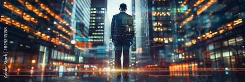  back of businessman in suit with business office glass modern buildings background for economic market stock investment, financial freedom portfolio or company profit and strategy growth IPO banne