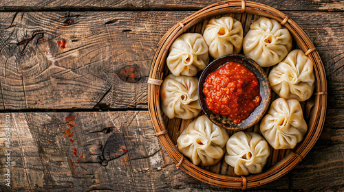Top view of momo with red chilly sauce in wooden plate, nepali food  photo