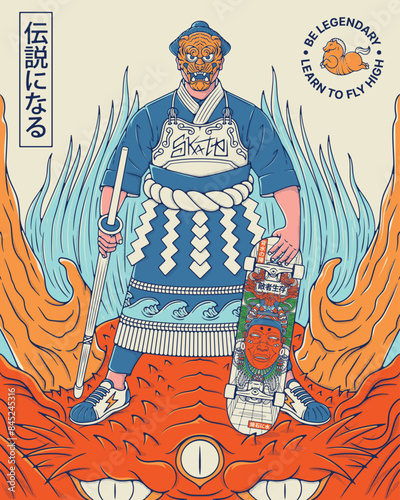 A japanese samurai with a tiger mask on a dragon's head