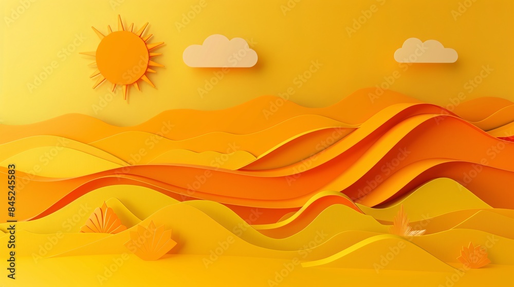 Obraz premium 3D paper cut abstract geometric shapes template on a bright yellow background, illustrating a summer landscape with minimalist hills and sun elements, emphasizing clean lines and vibrant seasonal