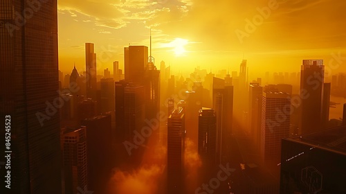 A panoramic view of a bustling business district at sunrise  with skyscrapers casting long shadows against the golden hues of the morning sky.