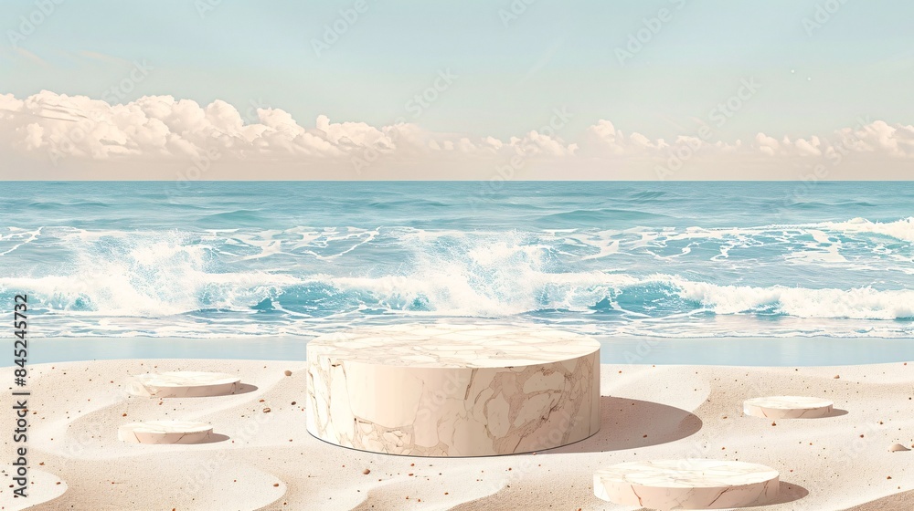 Detailed illustration of a summer sale poster banner template featuring a stone product display podium set against a backdrop of sandy beach and tranquil ocean waves, offering a visually captivating Detailed illustration of a summer sale poster banner template featuring a stone product display podium set against a backdrop of sandy beach and tranquil ocean waves, offering a visually captivating