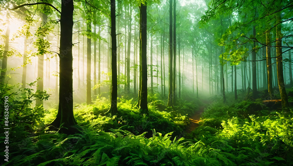 Fototapeta premium A dense foggy forest, sunlight streaming through the trees, lush greenery, mysterious atmosphere, dramatic lighting, cinematic composition, highly detailed environment, volumetric fog, warm tones.
