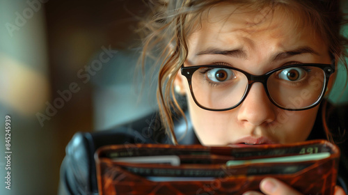 Woman has no cash money in her purse to pay bills or for spending