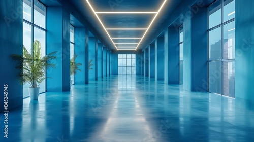 blue office corridor, concrete floor, loft-style windows, continuous ceiling lights, business and financial design theme, spacious interior concept 