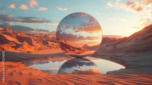 Round mirror on the desert, Abstract architecture on the desert landscape background.