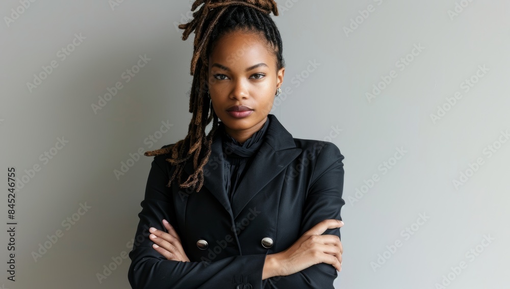 Portrait of a black business woman with dreadlocks, wearing a suit and standing in front of a grey background. She is looking at the camera confidently while crossing her arms over her chest Portrait of a black business woman with dreadlocks, wearing a suit and standing in front of a grey background. She is looking at the camera confidently while crossing her arms over her chest