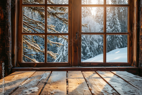 A wooden table in a cozy room with a large window overlooking a snowy forest