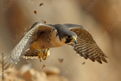 A falcon diving at high speed, targeting its prey below