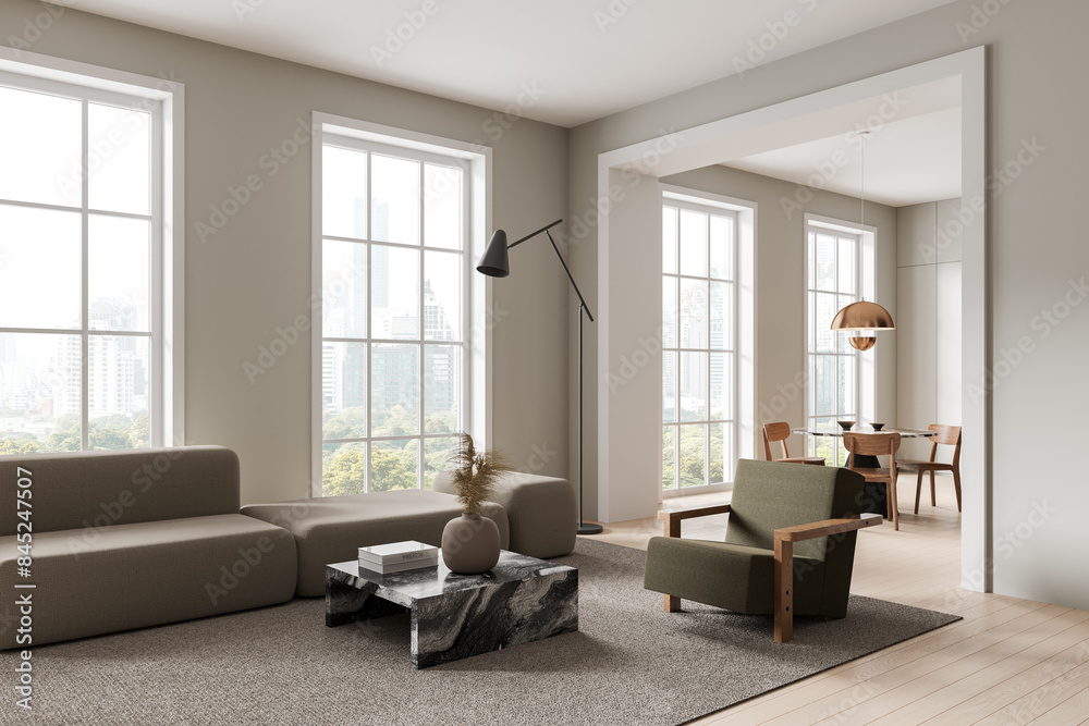 Fototapeta premium Modern home living room interior with eating table and couch, panoramic window