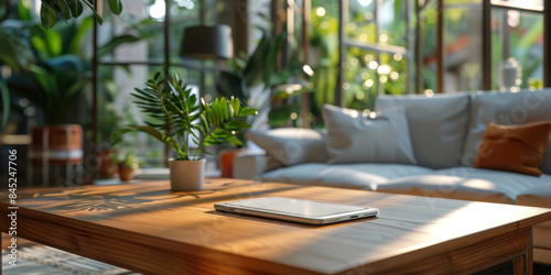 Bright and airy living room with a wooden table, tablet, lush plants, and a cozy sofa. Perfect for a modern home setting.