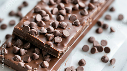 Dark chocolate, the top layer of which is decorated with numerous, finely crushed chocolate pieces.