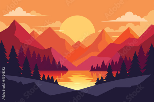Beautiful vector landscape illustration  peaceful warm sunrise over mountains  lake and forest. The concept of travel  hiking  outdoor activities and adventure vector illustration