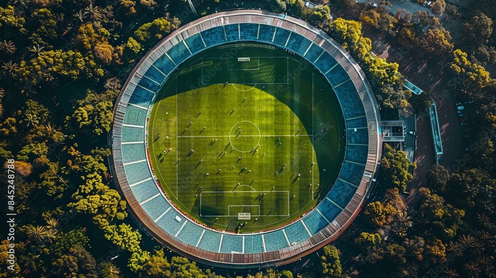 Obraz premium Football stadium. Drone view. Generative AI.