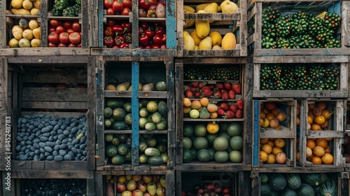 Wallpaper Mural Crates packed with an assortment of colorful fruits and vegetables, ready for delivery, detailed and textured, bustling market backdrop Torontodigital.ca