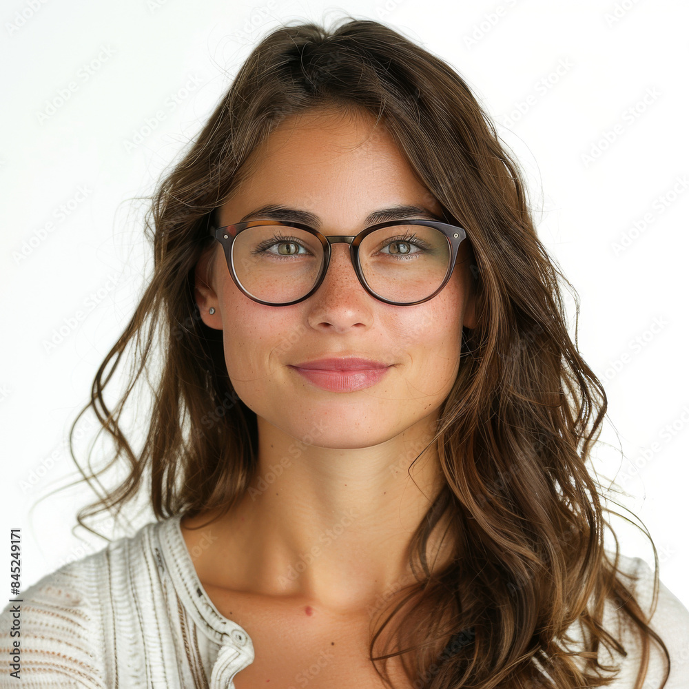 Portrait of a young woman wearing glasses and smiling confidently, with long hair and a casual white top. Portrait of a young woman wearing glasses and smiling confidently, with long hair and a casual white top.