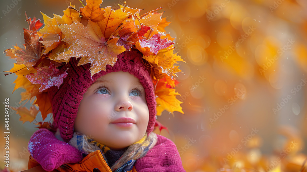 Child wearing crown of autumn leaves warm red hat, looking up curious expression amidst fall colors Child wearing crown of autumn leaves warm red hat, looking up curious expression amidst fall colors