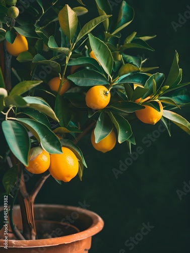 Potted citrus plant with ripe yelloworange fruits copy space Closeup of indoor growing lemon Volcameriana tree Elegant home decor template Home gardening hobby photo