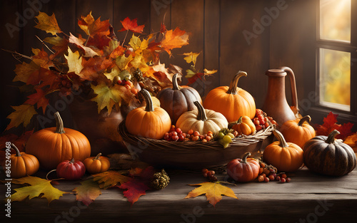 Cornucopia on a rustic table with autumn leaves and pumpkins, warm ambient lighting, harvest festival template