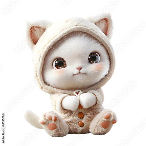 Adorable white kitten wearing a cute animal onesie isolated on transparency background, PNG cut out, sitting and looking at the camera. © Kakabe