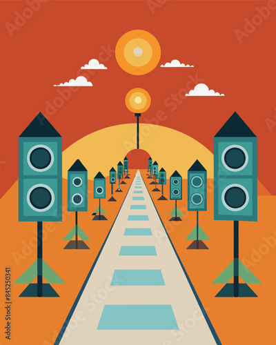 The pathways at a music festival are lined with solarpowered speakers providing clear and crisp sound without the use of traditional energy sources.. Vector illustration