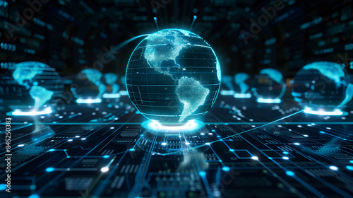 big data concept blue futuristic digital style There is a force of energy attraction in the future world ,Global network connection covering the earth with lines of innovative perception