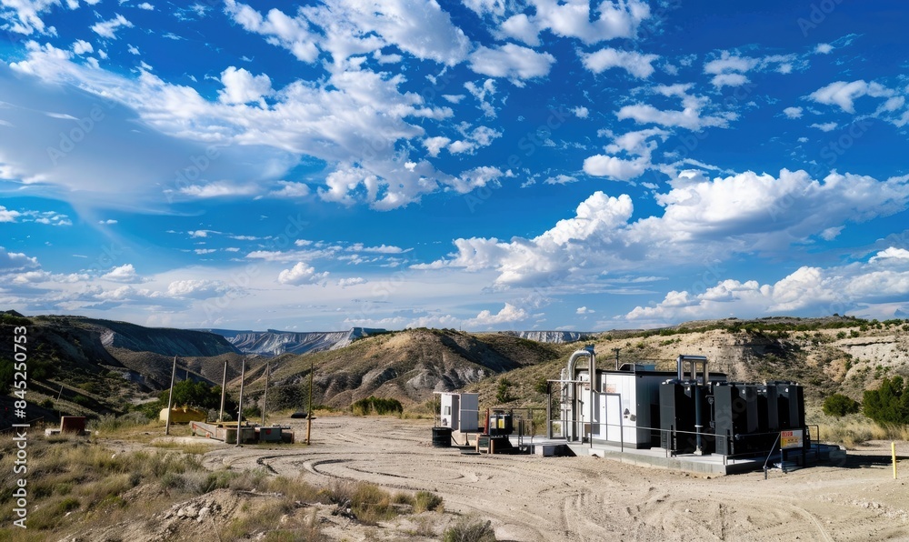 Fototapeta premium Industrial Complex Amidst Desert Hills