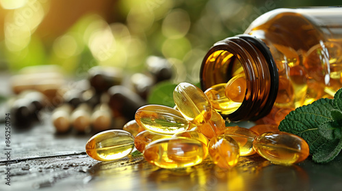 Close up avocado oil capsules spilling out bottle, health supplements in background. Bottle oil