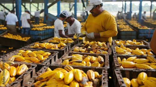 Cocoa pods carefully arranged in crates  the scene bustling with activity  workers preparing for shipment in an industrial setting