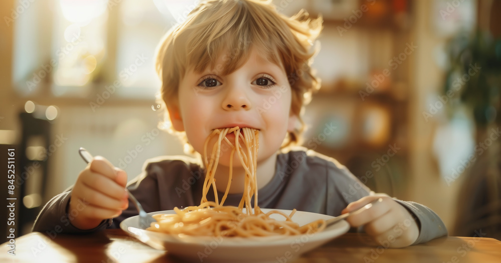 Cute little kid boy eating spaghetti bolognese or pasta macaroni bolognese at home. Happy child eating fresh cooked healthy meal with noodles. Generative Ai. Cute little kid boy eating spaghetti bolognese or pasta macaroni bolognese at home. Happy child eating fresh cooked healthy meal with noodles. Generative Ai.